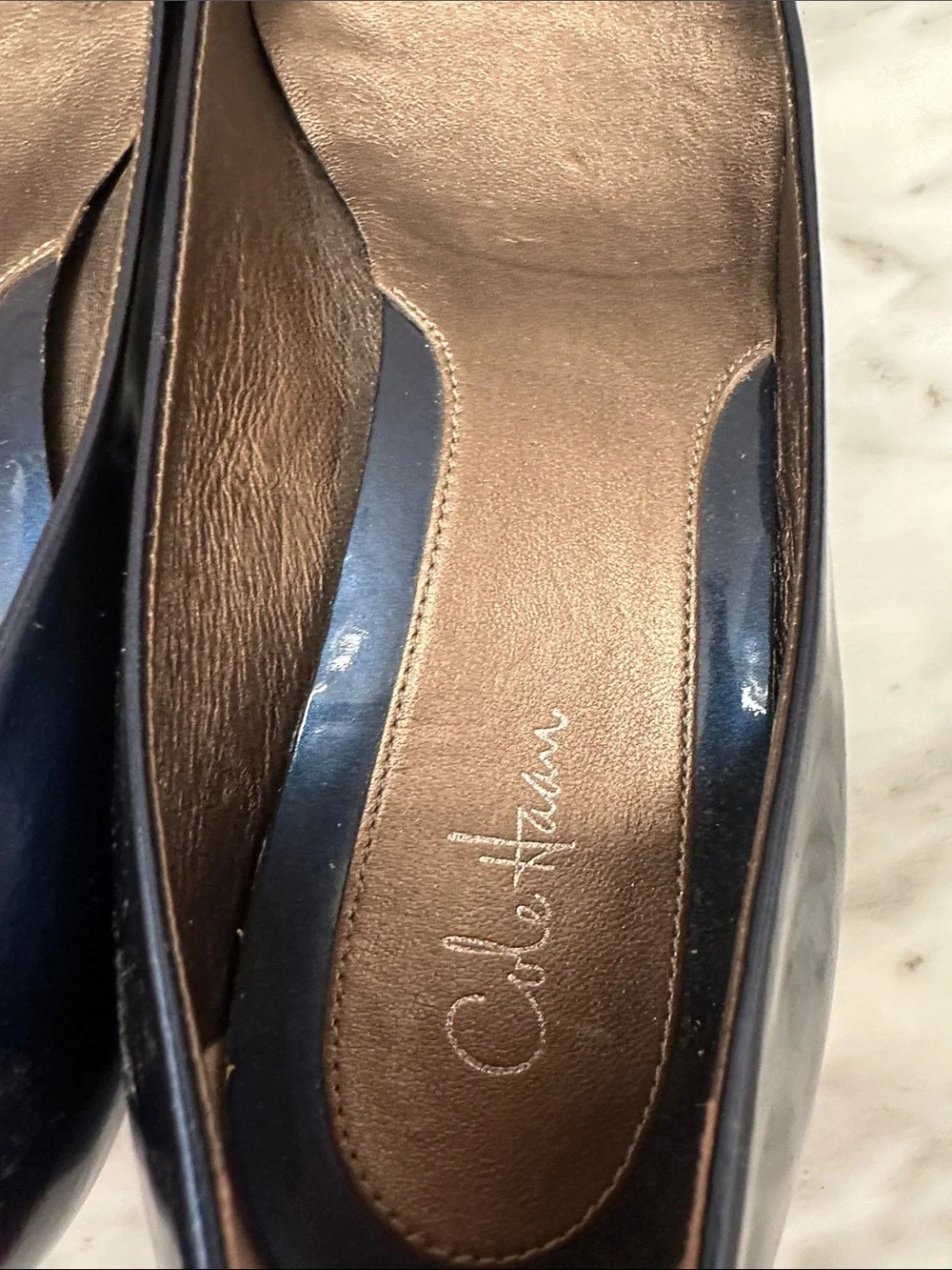 Cole Haan Nike Navy Patent Leather Peep-Toe Wedge Pumps